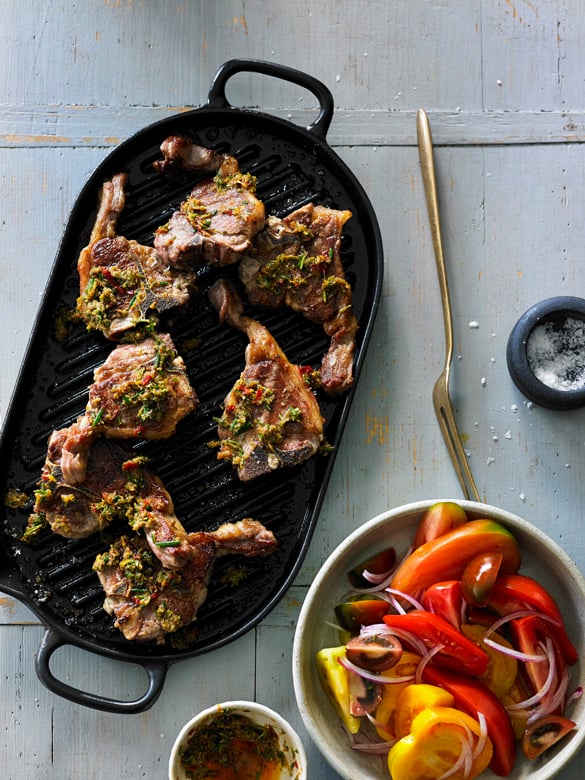 Lamb loin chops with anchovy and rosemary dressing