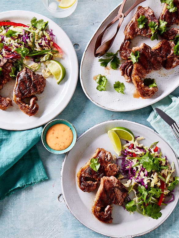 Grilled five-spice loin chops and Asian-style slaw