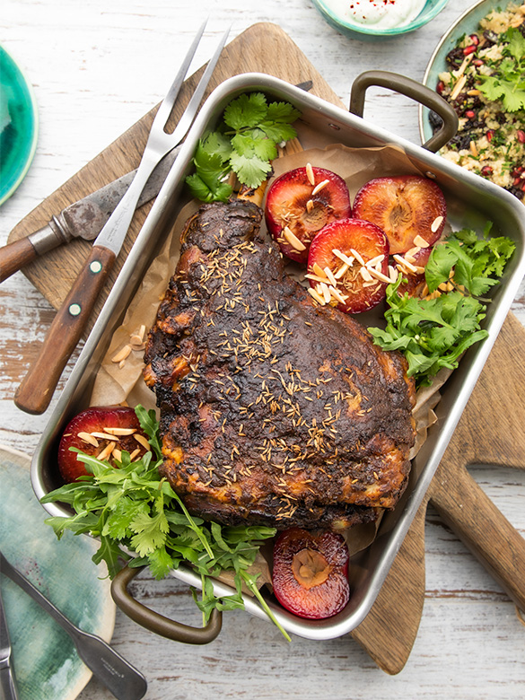 Moroccan Spiced Roasted Lamb Leg with Plums