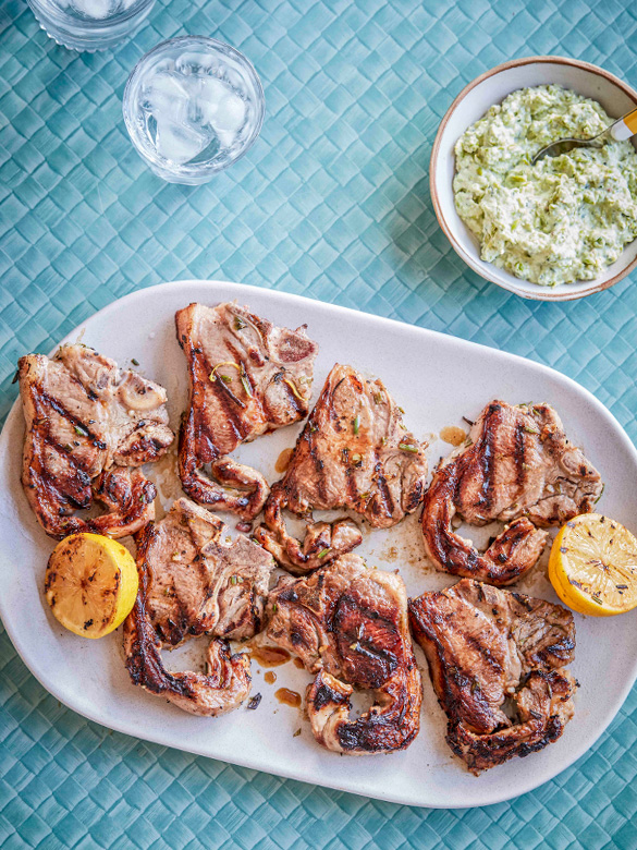 Lemon and rosemary loin chops with PEA dip