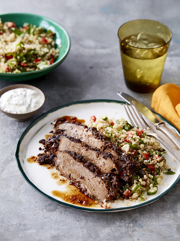 Butterflied lamb leg with quinoa tabouli