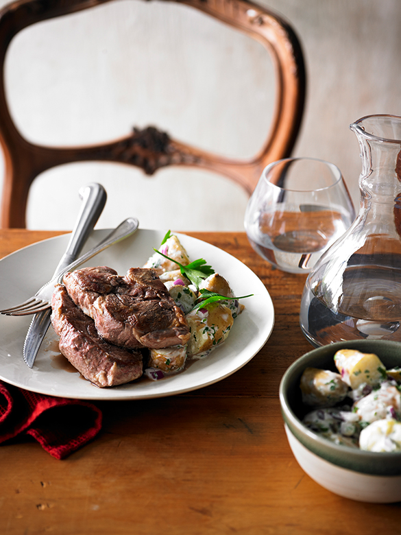 Lamb rump steaks with potato and onion salad