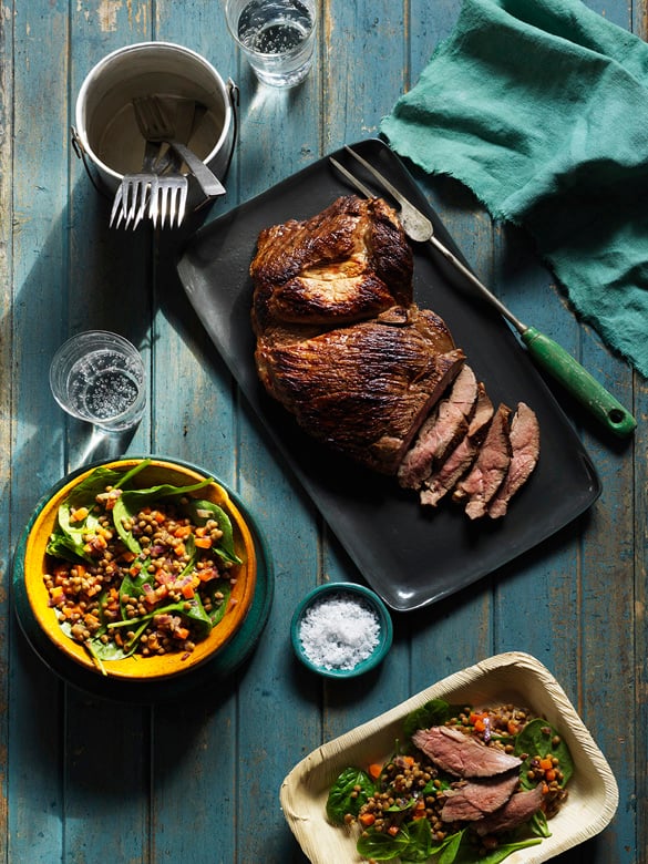 Barbecued lamb leg with lentil salad