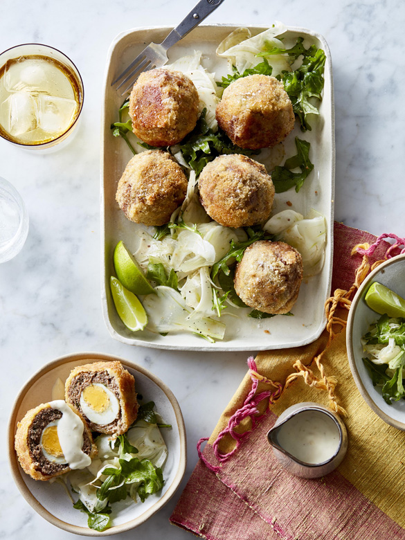 Baked lamb scotch eggs with lime aioli