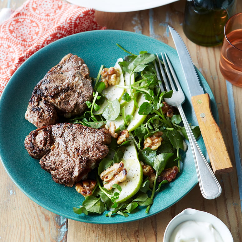 Spiced lamb loin chops with pear & walnut salad recipe | Australian Lamb - Recipes, Cooking Tips and