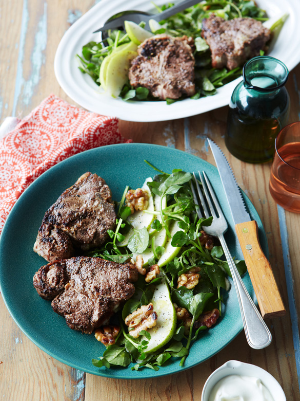 Spiced lamb loin chops with pear & walnut salad