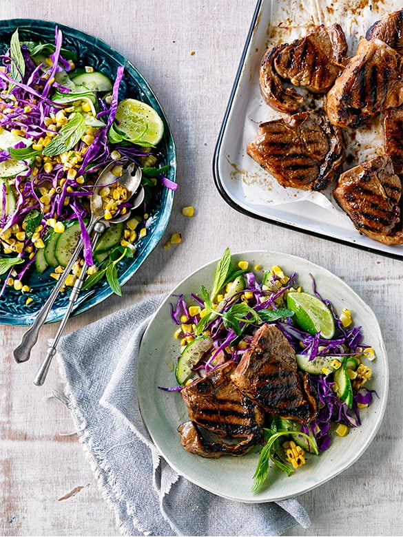 Thai-glazed lamb loin chops with sweetcorn slaw