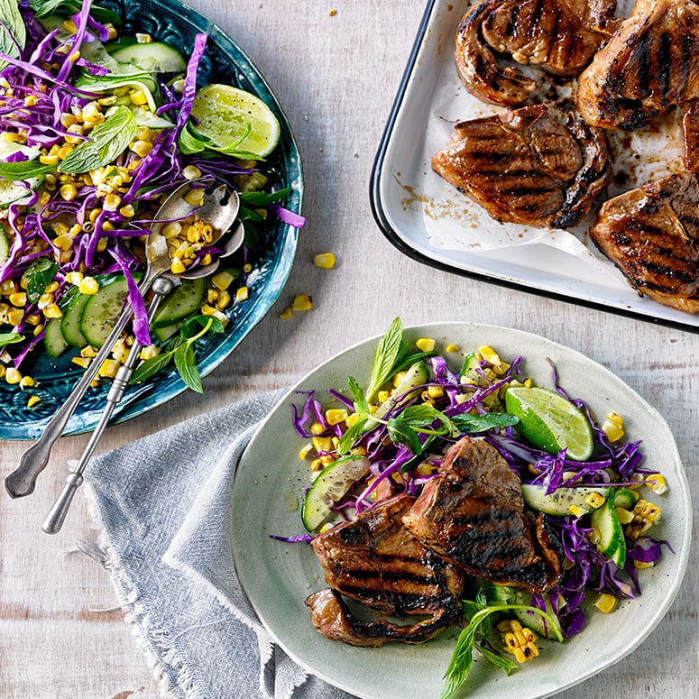 Thai-glazed lamb loin chops with sweetcorn slaw recipe | Australian Lamb - Recipes, Cooking Tips and