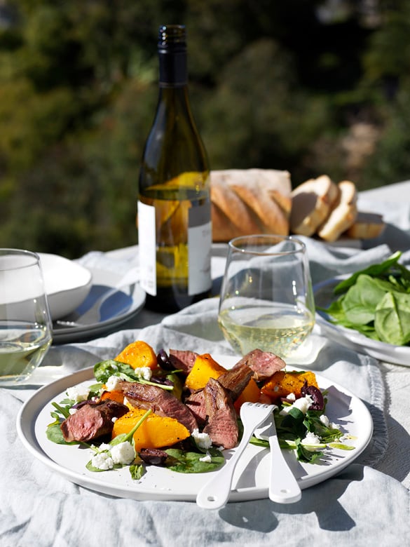 Lamb fillet with pumpkin, feta and olive salad