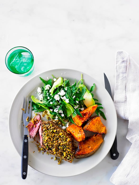 Dukkah lamb leg steaks with rocket and feta salad