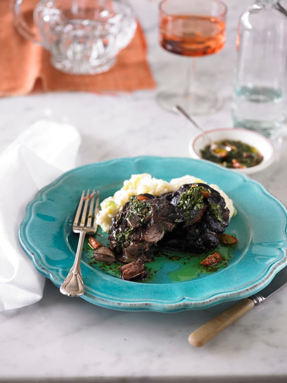 Braised lamb neck chops with mash and gremolata
