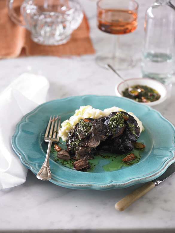 Braised lamb neck chops with mash and gremolata