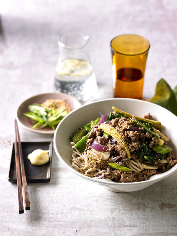 Stir-fried plum lamb with soba noodles