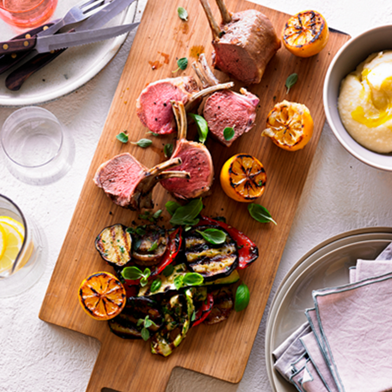 Roasted lamb rack with char-grilled vegetables and mashed potato recipe | Australian Lamb - Recipes,
