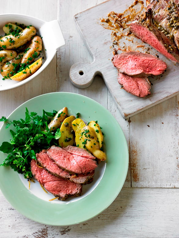 Dijon mustard lamb leg with potato and caper salad