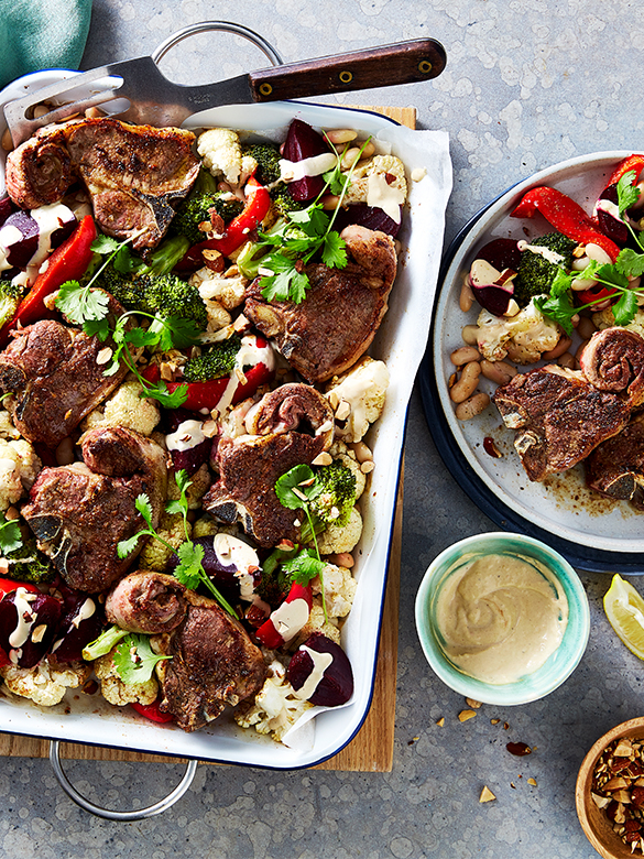 Coriander lamb chop tray bake