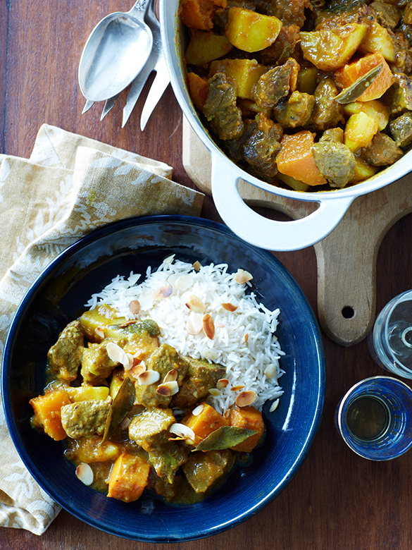 Curried lamb casserole with potatoes and pumpkin