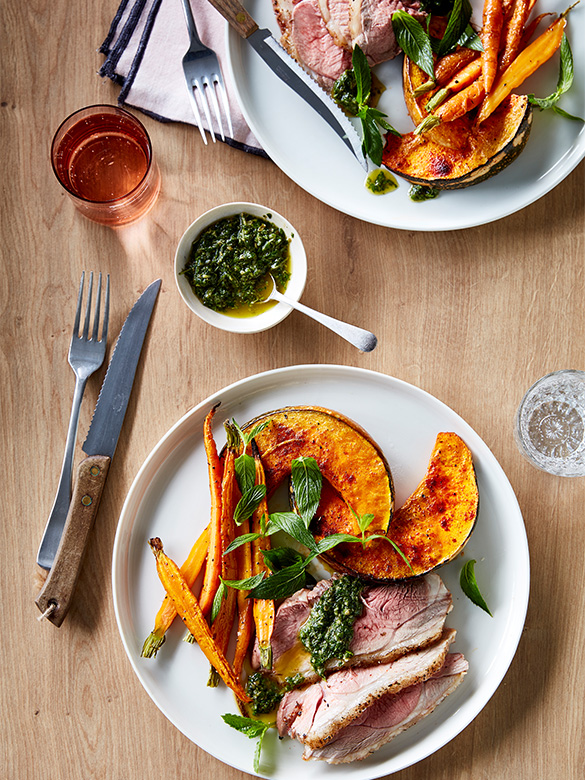 Roast lamb rump with pumpkin and mint salsa verde