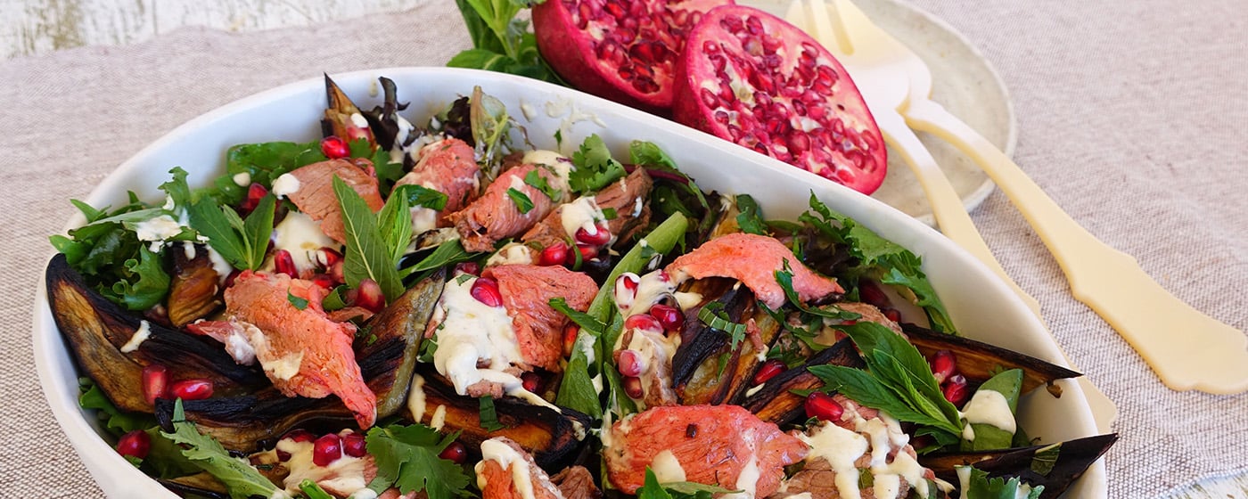 Roast lamb salad with eggplant, pomegranate & tahini yoghurt recipe | Australian Lamb - Recipes, Coo