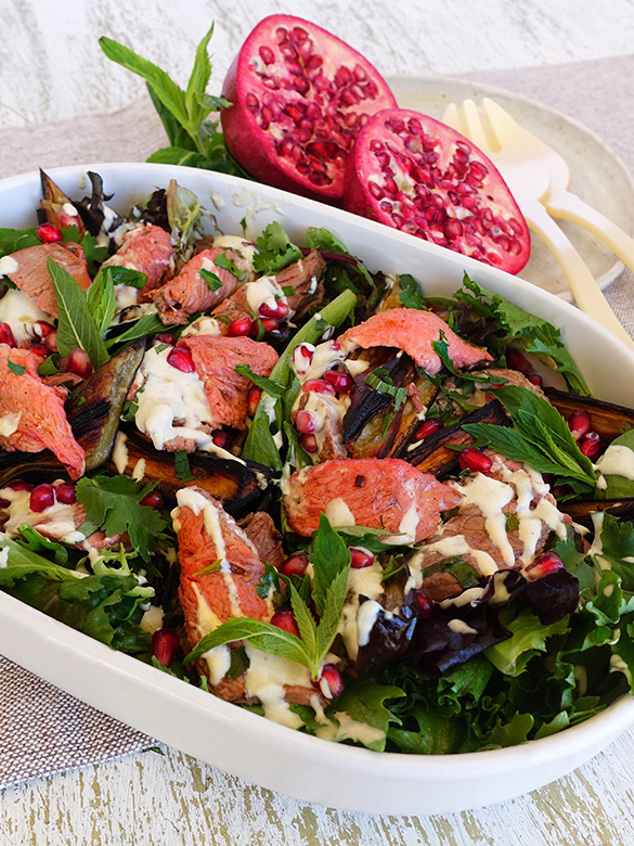 Lamb salad with eggplant, pomegranate & tahini