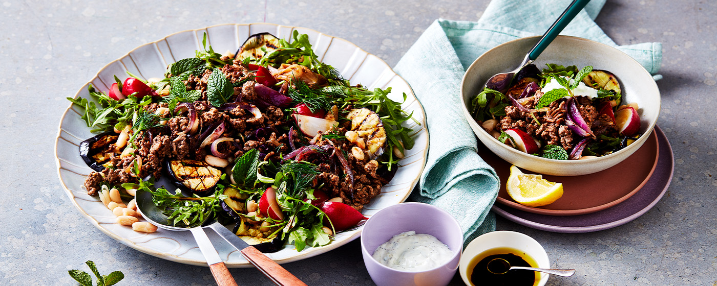 Lamb mince, eggplant and rocket salad | Australian Lamb - Recipes, Cooking Tips and More