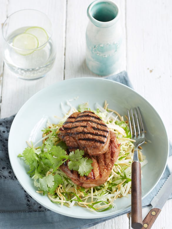 Chinese chilli bean lamb steaks with wombok salad