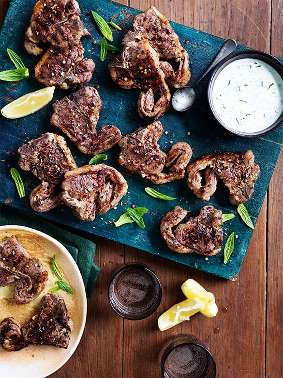 Lemon and garlic lamb chops with minty feta dip