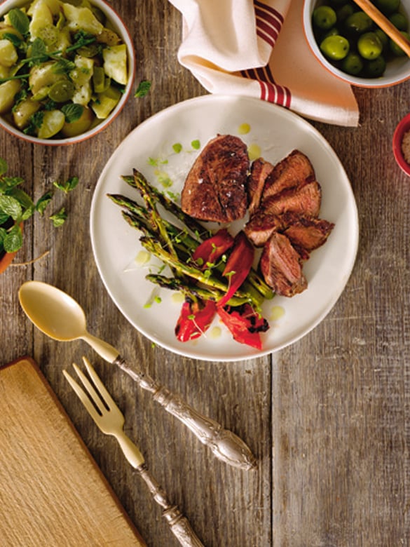 Grilled lamb steaks with new potato, green olive and herb salad recipe ...