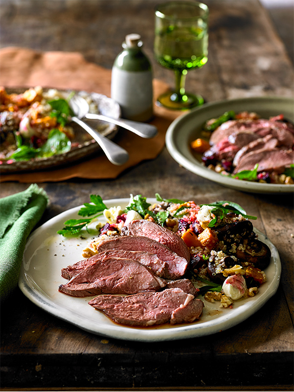 Roasted garlic mushroom, pumpkin and lamb salad