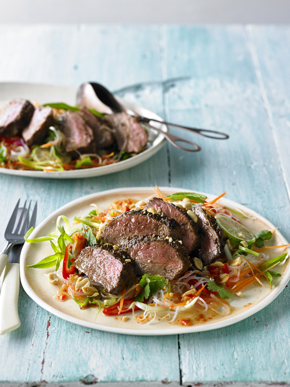 Malaysian-style BBQ lamb rump with a noodle salad