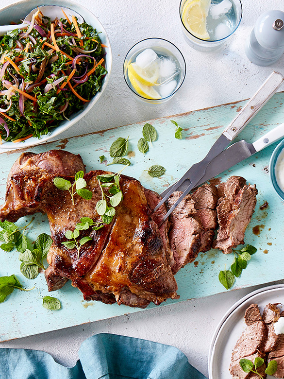 Butterflied lamb leg with kale salad