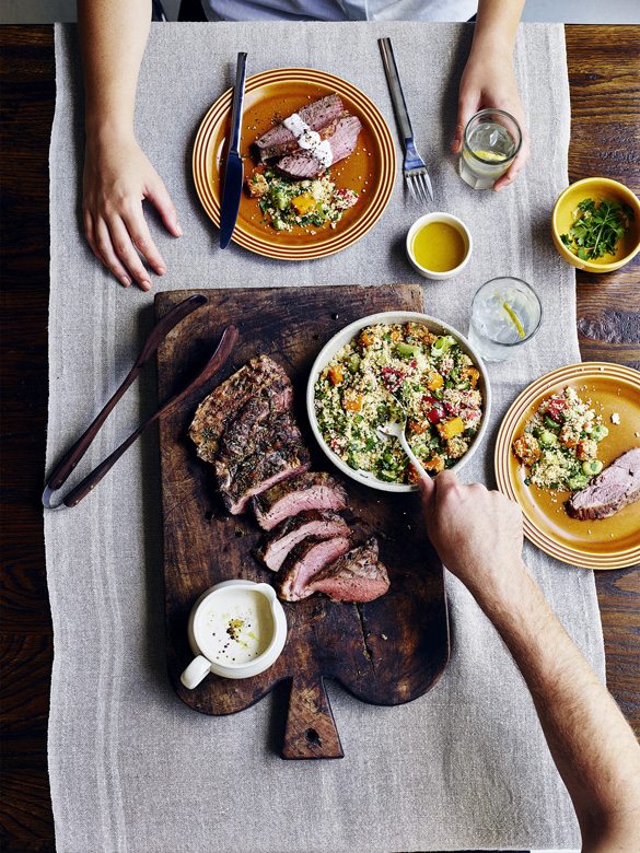 Grilled lamb with tahini sauce & pumpkin taboulli