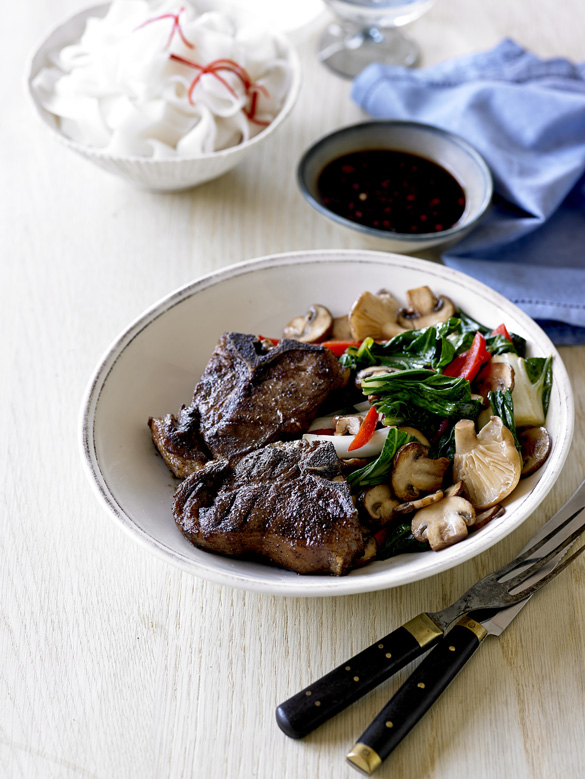 Five spice lamb chops with stir-fried vegetables