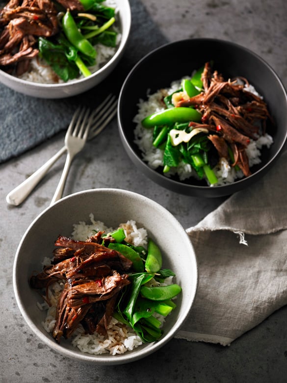 Soy glazed lamb with stir fried garlic greens