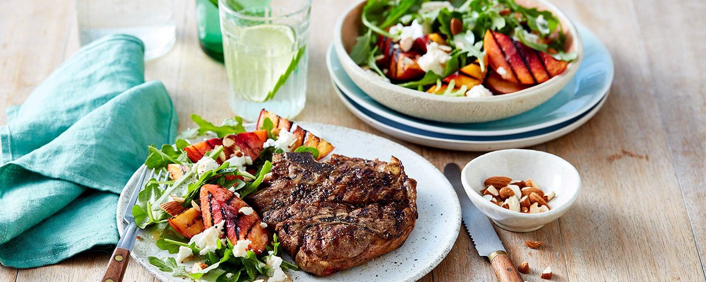 Lamb Forequarter Chops with grilled peach, rocket and feta salad | Australian Lamb - Recipes, Cookin