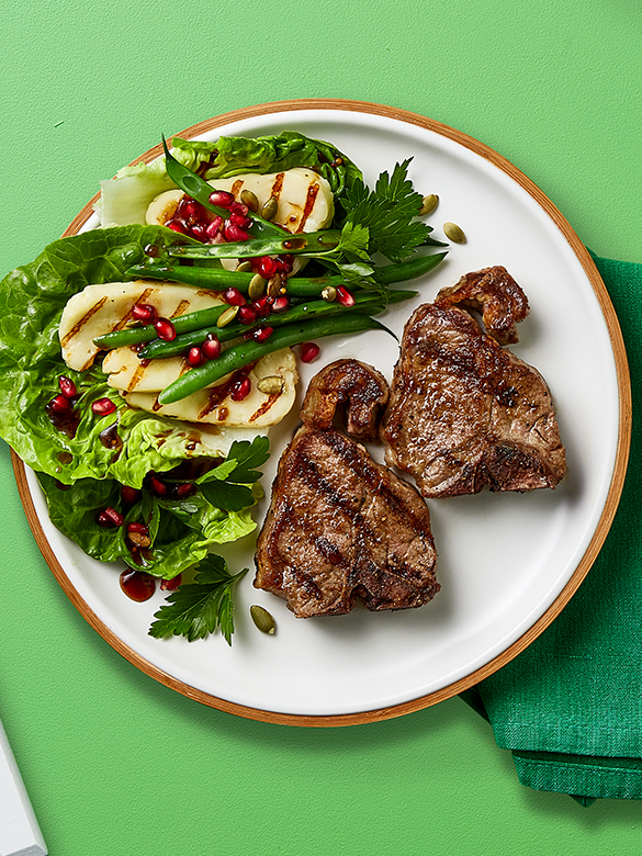 Lamb Loin Chops with Haloumi and Pomegranate Salad